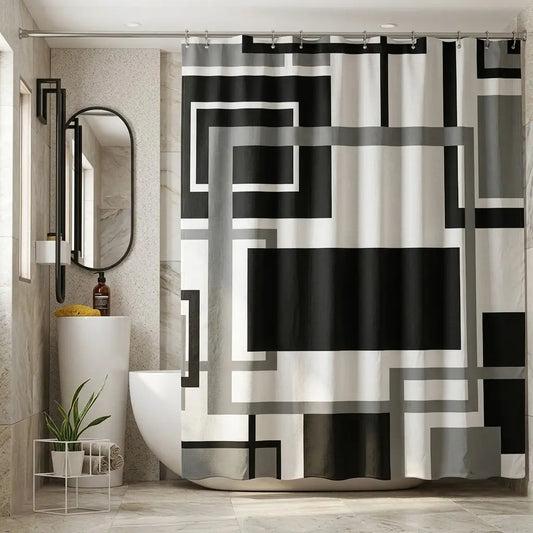 Modern Geometric and Shower Curtain, Abstract Mid-Century Design, Stylish Minimalist Bathroom Decor, Easy Hang Silver Color Grommets, Bathroom Curtains Shower