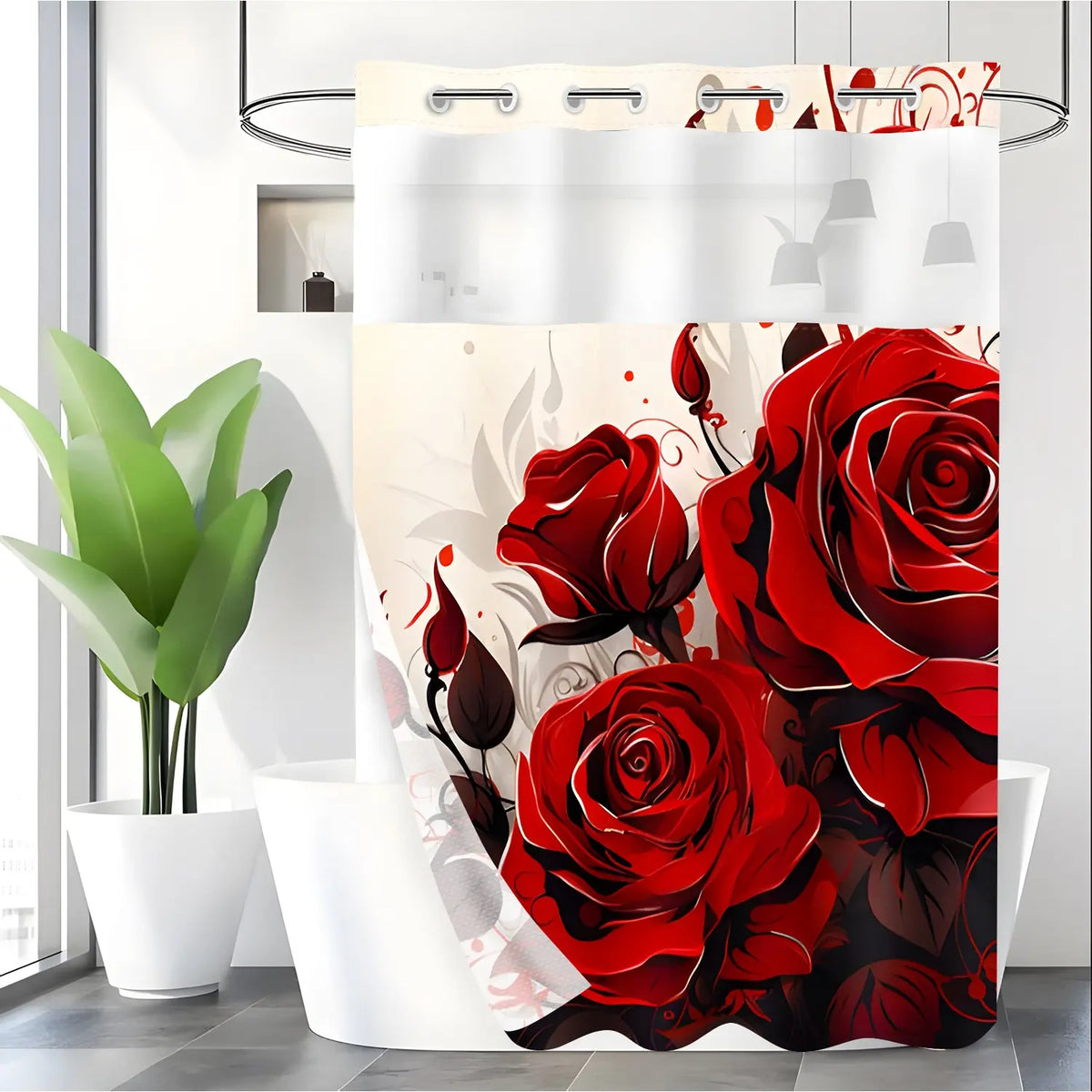 LVRLVR 1pc Romantic Red Rose Floral Flower Decorative Shower Curtain and Liner with Sheer Top Window, Detachable Liner & No Hook C-Ring, 70.8" x 74"