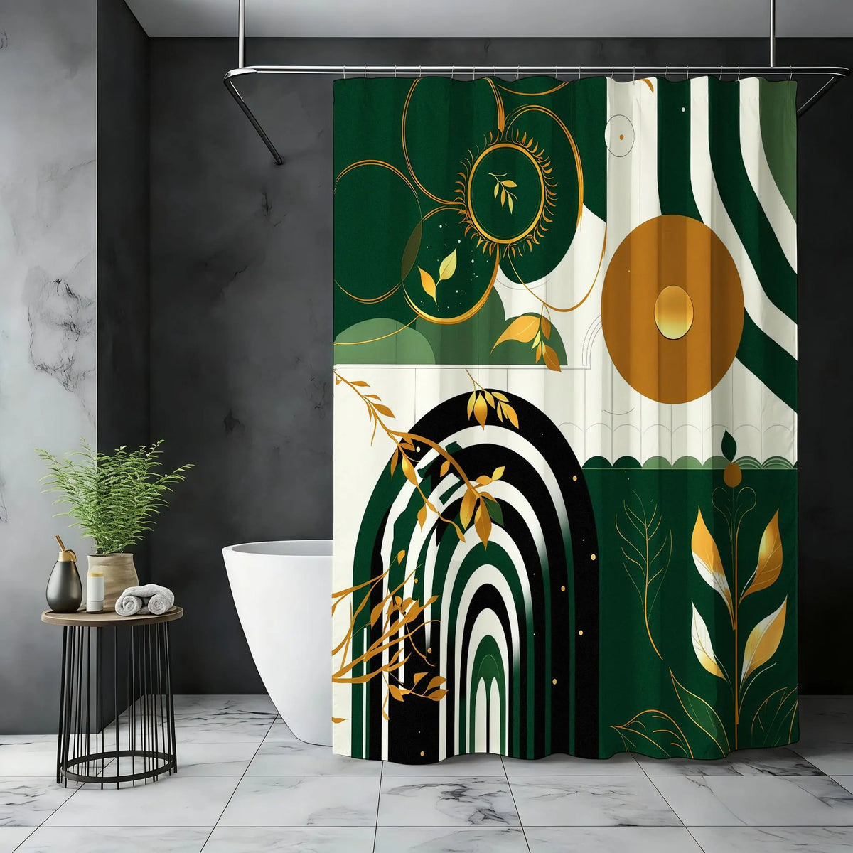 Artistic Abstract Nature-Inspired Decorative Shower Curtain with Golden Sun Motif, Stylized Botanical Illustrations & Geometric Patterns in Deep Forest Green and Cream – Perfect for Modern Bathrooms this Holiday Season