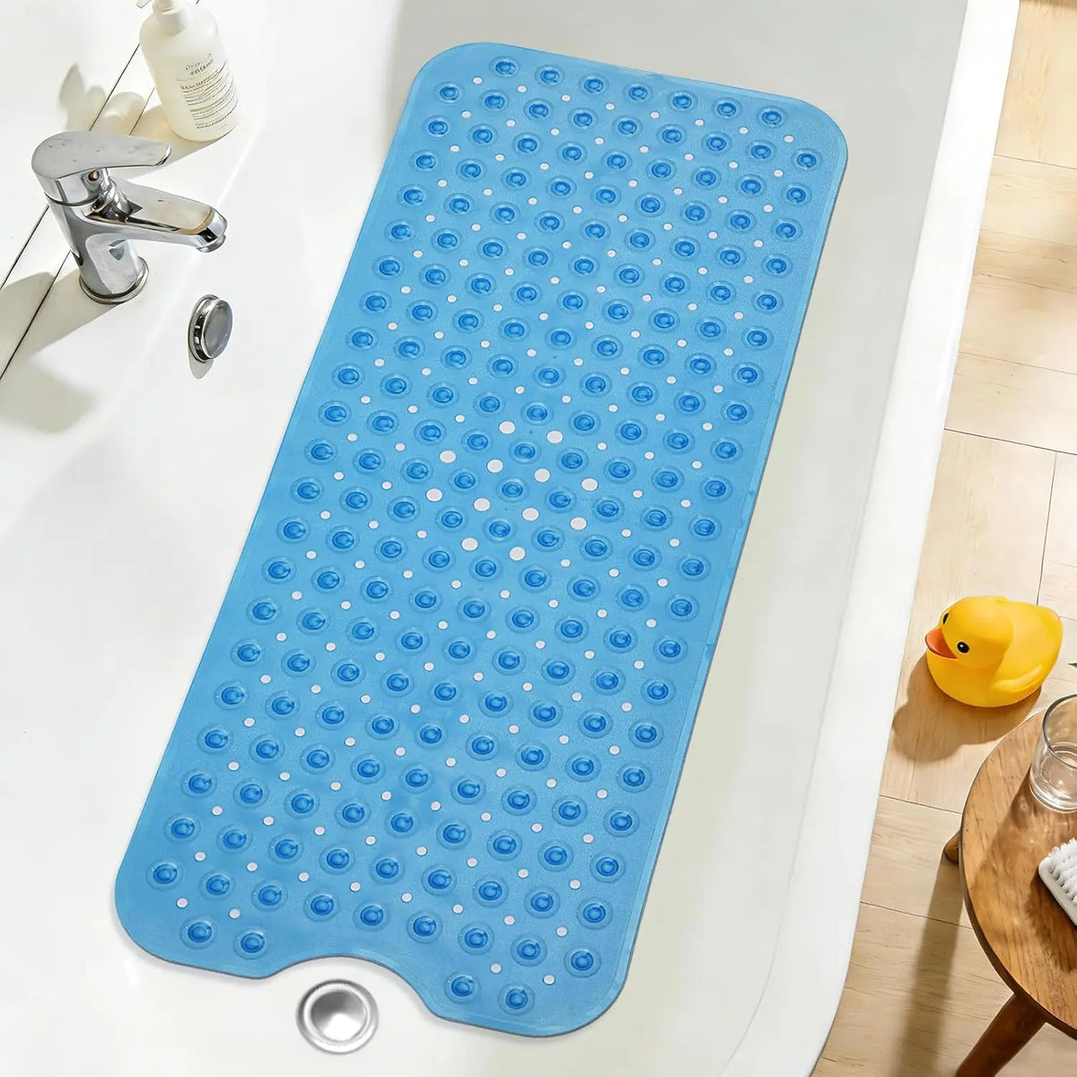 Shower Floor Mat 40x16 Inch,Non Slip Bath Mat With Firm Suction Cups,Extra Large Machine Washable Bathtub Rug,Drain Holes Keep Tub Clean,Waterproof Mold Resistant Rubber PVC Mat,Blue Black Transparent Light Gray,Home Essentials For All Ages Family