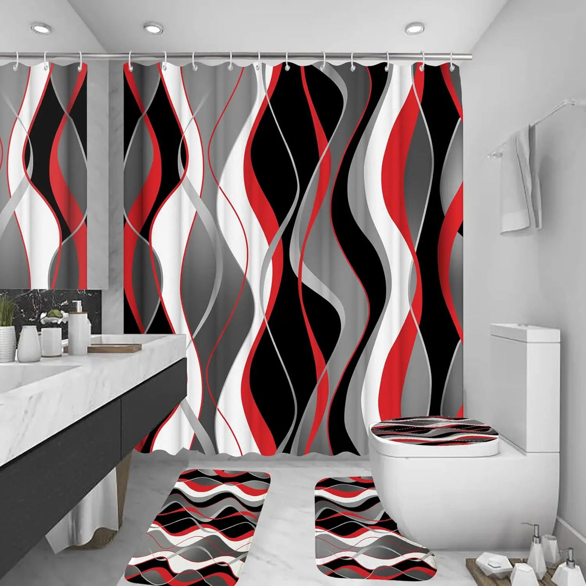 4Pcs Pink Shower Curtain Sets with Non-Slip Rugs, Toilet Lid Cover and Bath Mat, Black and Gray Bathroom Decor Set Accessories Fabric Waterproof Shower Curtains with 12 Hooks, 72 x 76 Inch
