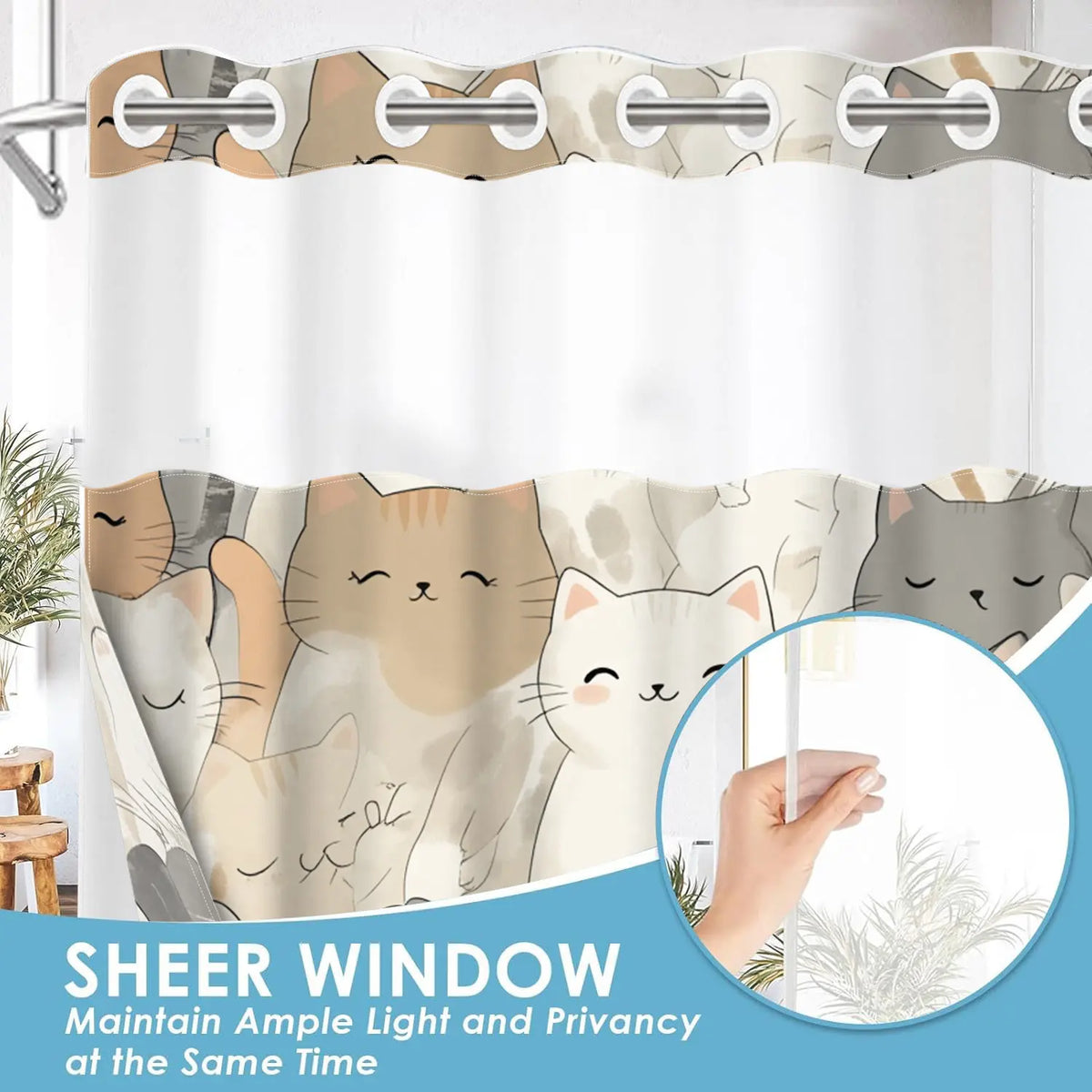 1pc hookless bathroom shower curtain no hooks with buckle lining, multi-colored densely arranged cat design, 2D flat printing, waterproof fabric lining, see-through double-layer shower curtain and liner, 71 x 74 inches, modern home draping curtain