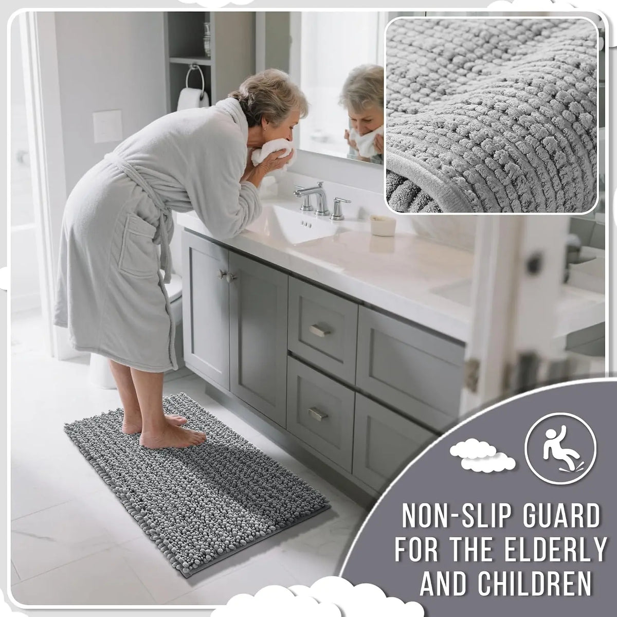 Pet Plush Chenille 3-Piece Rectangle Bathroom Floor Mat Set - 24.4"x20.4", 31.5"x19.8", 44.1"x24" Mats, Fluffy, Super Absorbent, Quick Dry, Non Slip Hot-Melt Adhesive Backing, Easy to Clean, Extra Thick Shaggy, for Toilet, Indoors, Grey (Pet Supplies)