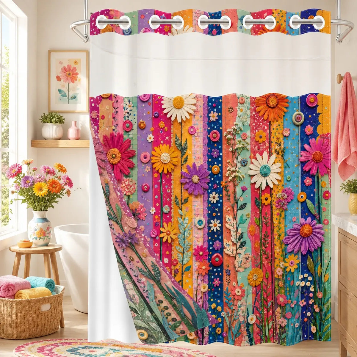 1PC/4PCS 2D Flat Printing Striped Floral Shower Curtain, Floral Shower Curtains For Bathroom, Printed Shower Curtain, home bathroom decor accessories, shower curtain set with 12 hooks, non-slip bathroom rug, U-shaped toilet seat cover