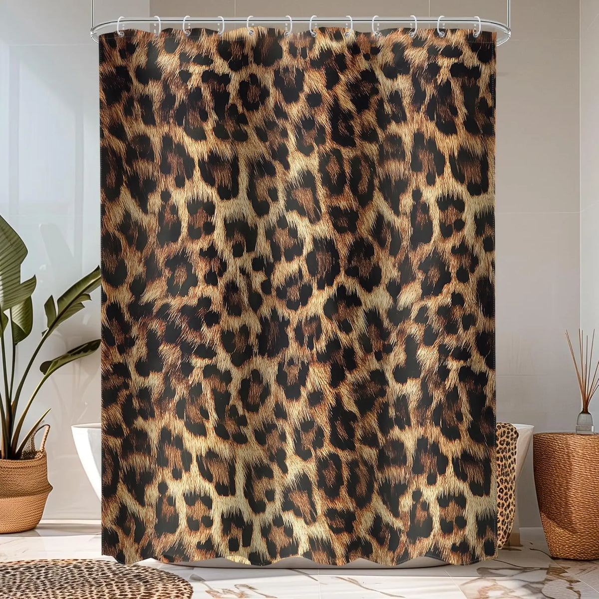 Leopard Print Shower Curtain Wild Safari Skin Pattern Powerful Cheetah Cat Panthera Black Brown Fur Wildlife Waterproof Bathroom Home Decor with Hooks