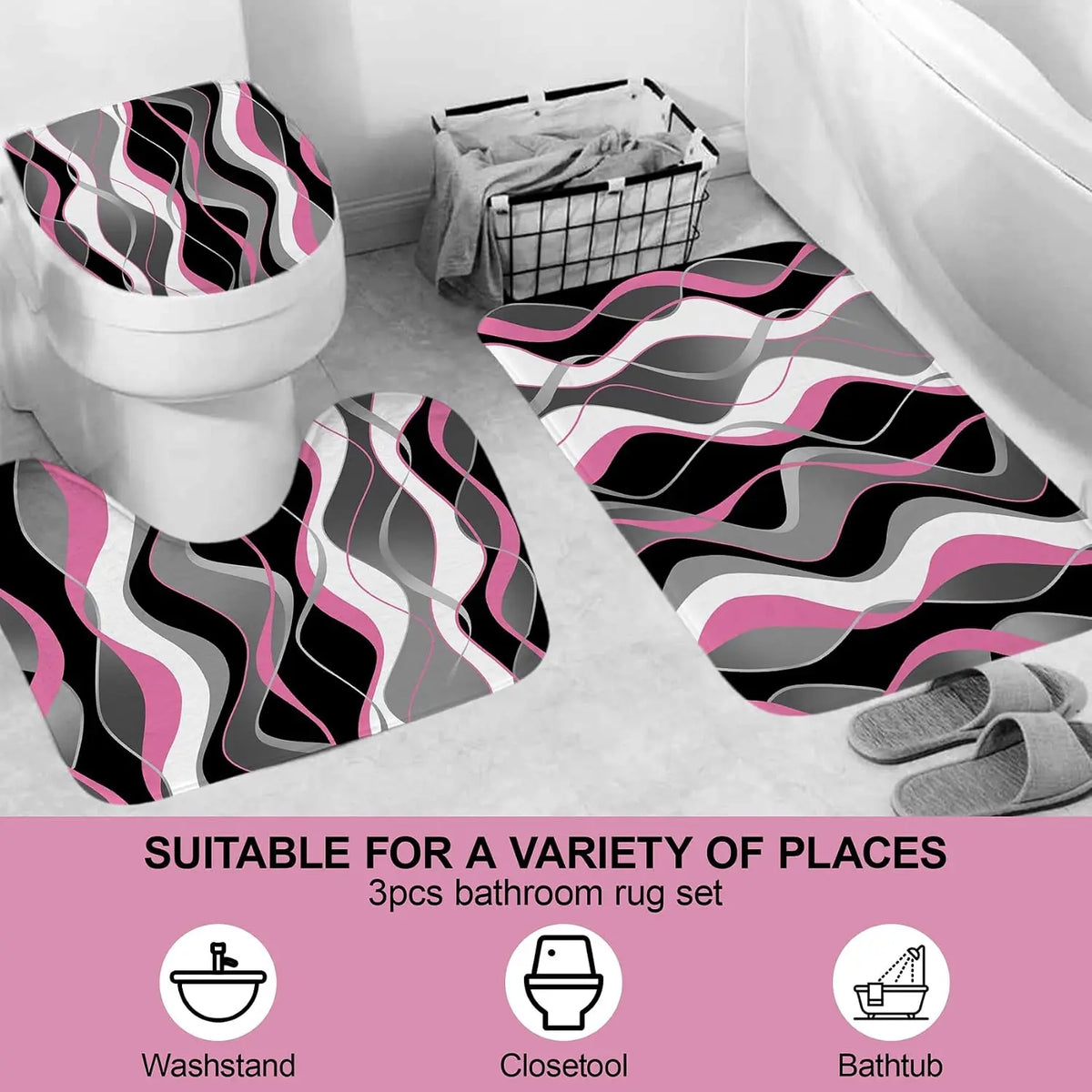 4Pcs Pink Shower Curtain Sets with Non-Slip Rugs, Toilet Lid Cover and Bath Mat, Black and Gray Bathroom Decor Set Accessories Fabric Waterproof Shower Curtains with 12 Hooks, 72 x 76 Inch