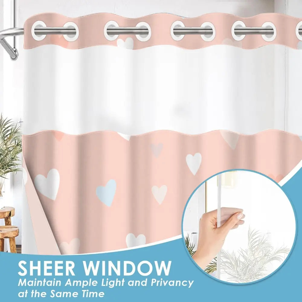 1pc hookless printed shower curtain with buckle lining, pink heart all-over design 2D flat printing, fabric waterproof lining, see-through double-layer shower curtain, 71 x 74 inches, Pretty shower curtain