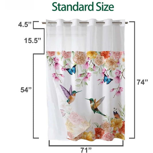 Floral Hummingbird No Hook Shower Curtain with Snap in Liner,  Butterflies Curtains for Bathroom, Fabric Inner, Watercolor  Bath Decorative, Machine Washable, 71 x 74