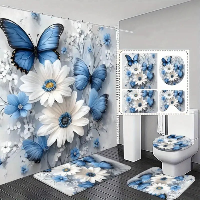 1-4PCS Animals & Butterfly Charm Hanging Bathroom Decor Set - Polyester, Waterproof, 2D Flat Printing, Includes Shower Curtain, Bath Mat, Toilet Lid Cover (Toilet Lid Match), Bath Rug & Bag, Practical Home Gift,sohochic