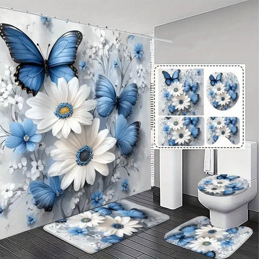 1-4PCS Animals & Butterfly Charm Hanging Bathroom Decor Set - Polyester, Waterproof, 2D Flat Printing, Includes Shower Curtain, Bath Mat, Toilet Lid Cover (Toilet Lid Match), Bath Rug & Bag, Practical Home Gift,sohochic