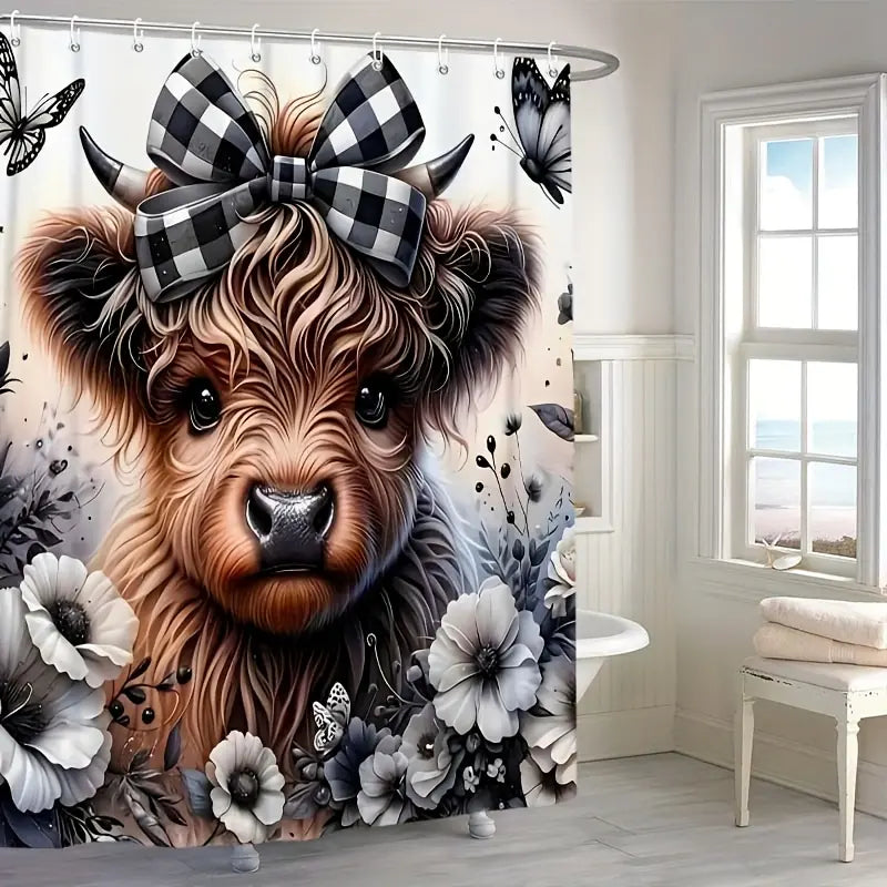 4pcs Exquisite Small Cow Bathroom Set Package - Polyester Non-Slip U-Shaped Toilet Seat Cover, High-Quality Shower Curtain with 12 Durable Hooks, Garden Glam Home Bathroom Decor for All Styles