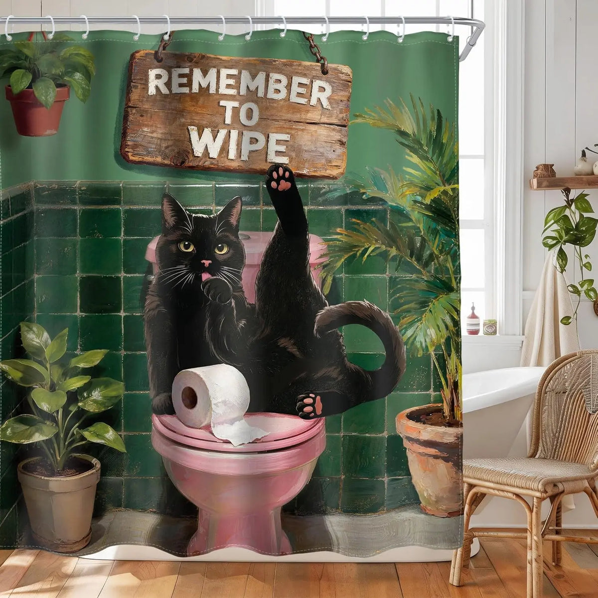 Funny Black Cat Shower Curtain - Cute Humorous Kitten On Toilet, Green Botanical Animal Artwork, Waterproof Polyester Cloth, Halloween/Birthday Bathroom Decor Set with Hooks, Water Resistant Animals Room Divider Curtain