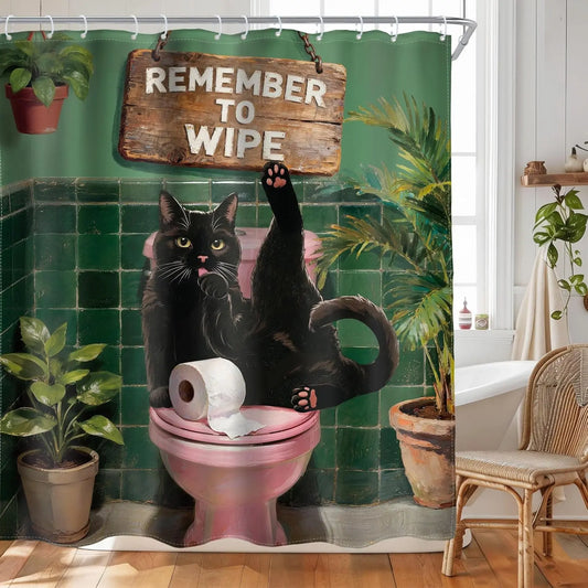 Funny Black Cat Shower Curtain - Cute Humorous Kitten On Toilet, Green Botanical Animal Artwork, Waterproof Polyester Cloth, Halloween/Birthday Bathroom Decor Set with Hooks, Water Resistant Animals Room Divider Curtain