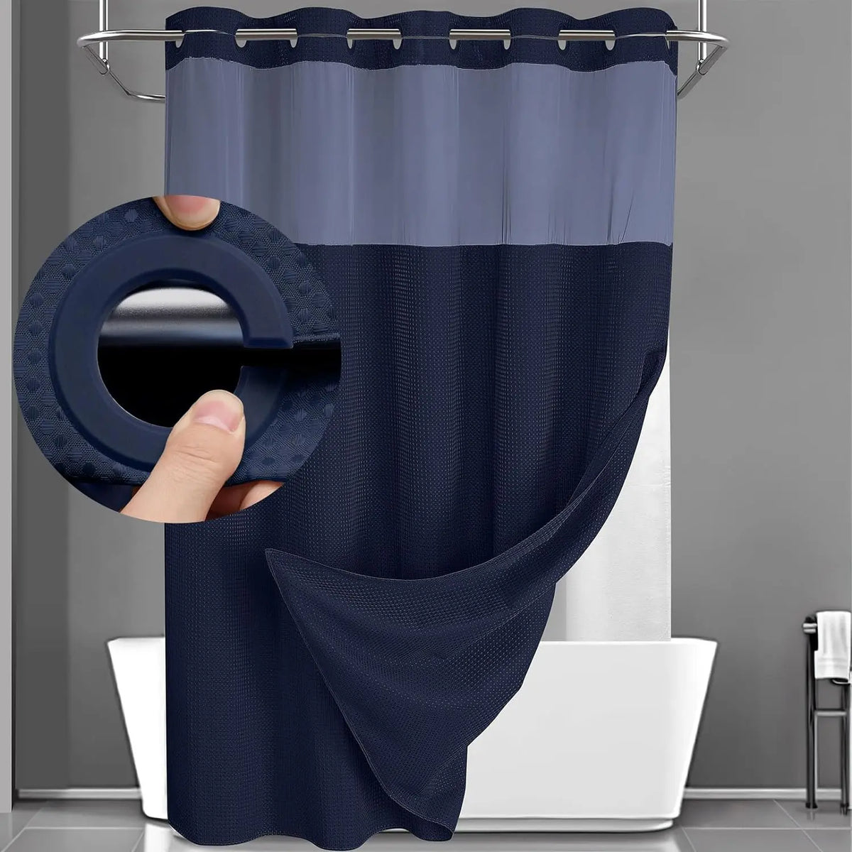 No Hook Washable Waffle Weave Shower Curtain with Snap in Liner -Waterproof Double Layer Shower Curtain With WashableInner Liner,  72 x75 Inch Showercurtain
