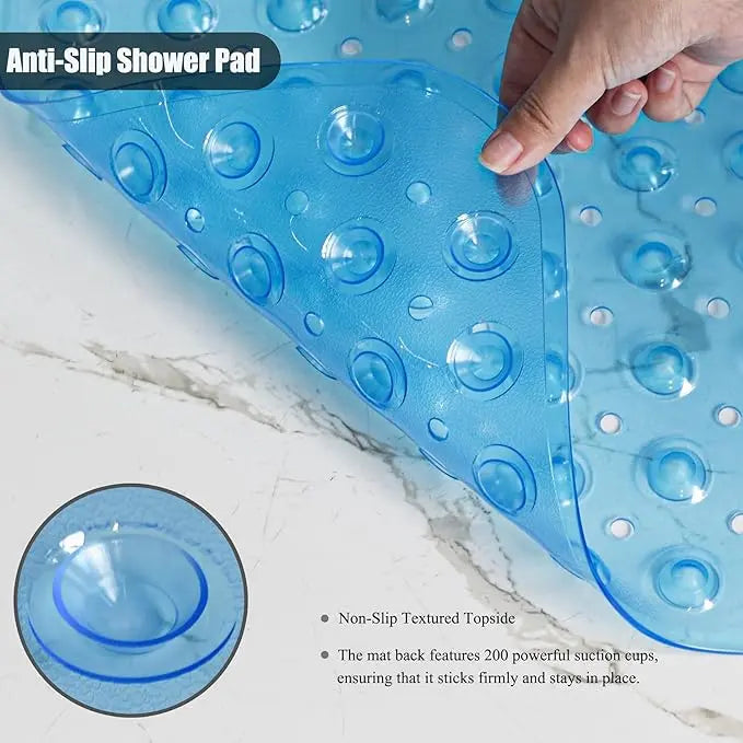 Antislip Grip PVC Bath Mat for Tub, 40x16 in Extra Long Soft Pebble Texture, Machine Washable, Fast-Drying Drainable, Strong Suction Cups, for Family, Bathroom Household Items (Blue, Clear, Light Gray, Black)