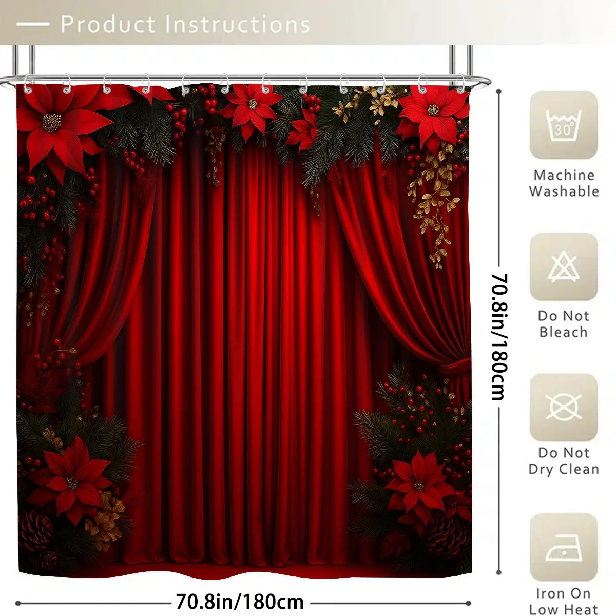 72x72 Inch Waterproof Christmas Bathroom Printed Shower Curtain Set, Durable Polyester Fiber, Easy Install Hooks Included, Perfect Holiday Gift, Bathroom Curtains Shower Set