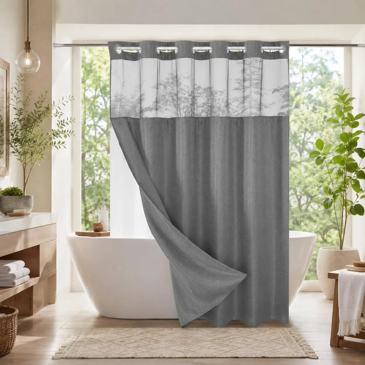 Brown No Hook Shower Curtain with Snap in Liner grey Waffle Pattern Shower Curtain Double Layer Shower Curtain -Fabric Waterproof Inner Liner,Bathroom Accessory for Home, Hotel, Salon & Dormitory Decor