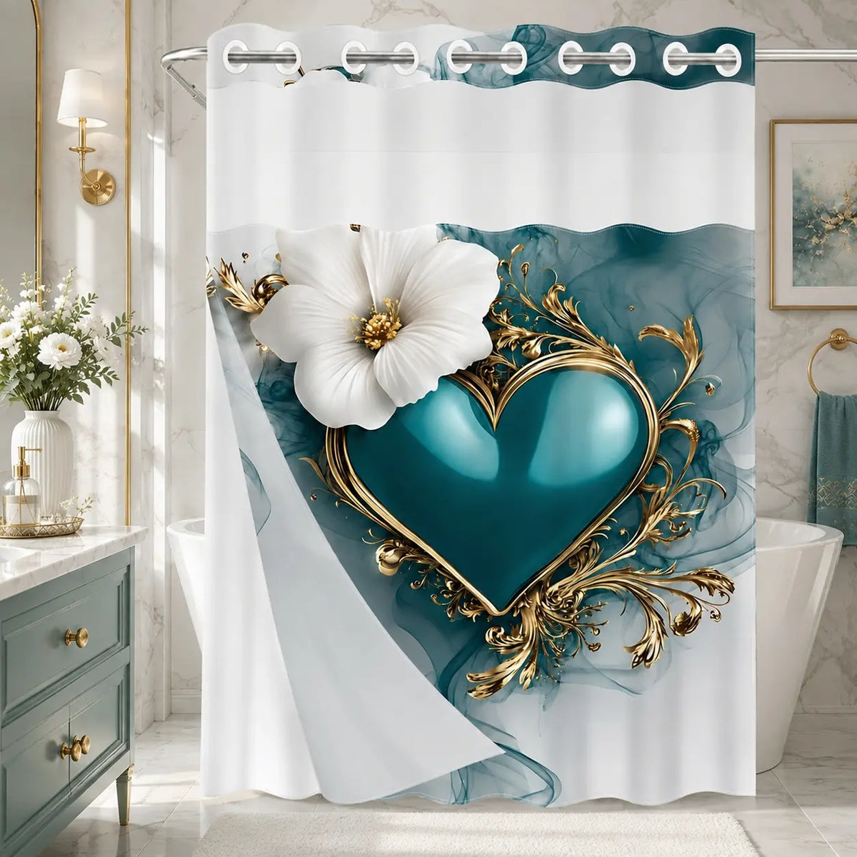No Hooks Black Gold Heart Floral Shower Curtain with Snap-In Liner, Double-Layer Waterproof Fabric, Sheer Mesh Top, Removable White Liner, Floral Shower Curtains For Bathroom, Baroque Bathroom Decor, Bathroom Accessories, 72x75in