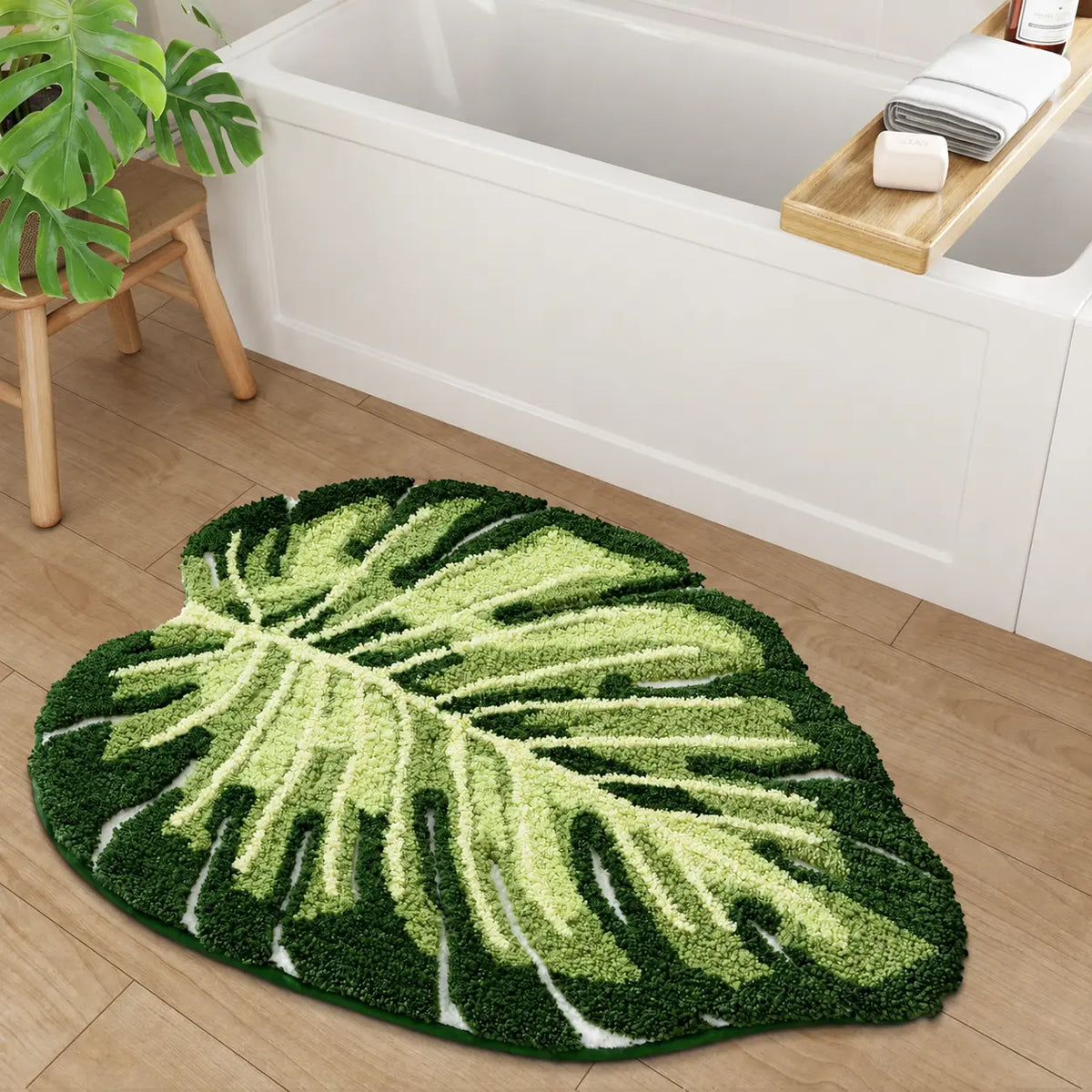 Microfiber Cute Bath Mat (31.5Inx23.5In) - Anti-Skid, Absorbent Fluffy Tufted, Leaf-Shaped, Green Tropical Palm Plants, Decorative, Durable, Machine Washable, Shower Home Accessory, Ideal Gift