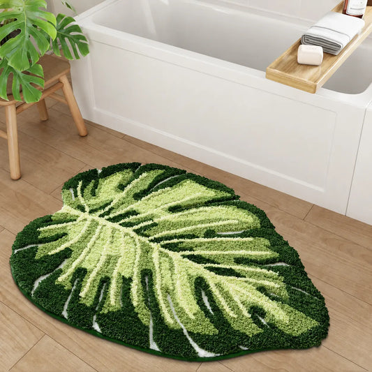 Microfiber Cute Bath Mat (31.5Inx23.5In) - Anti-Skid, Absorbent Fluffy Tufted, Leaf-Shaped, Green Tropical Palm Plants, Decorative, Durable, Machine Washable, Shower Home Accessory, Ideal Gift