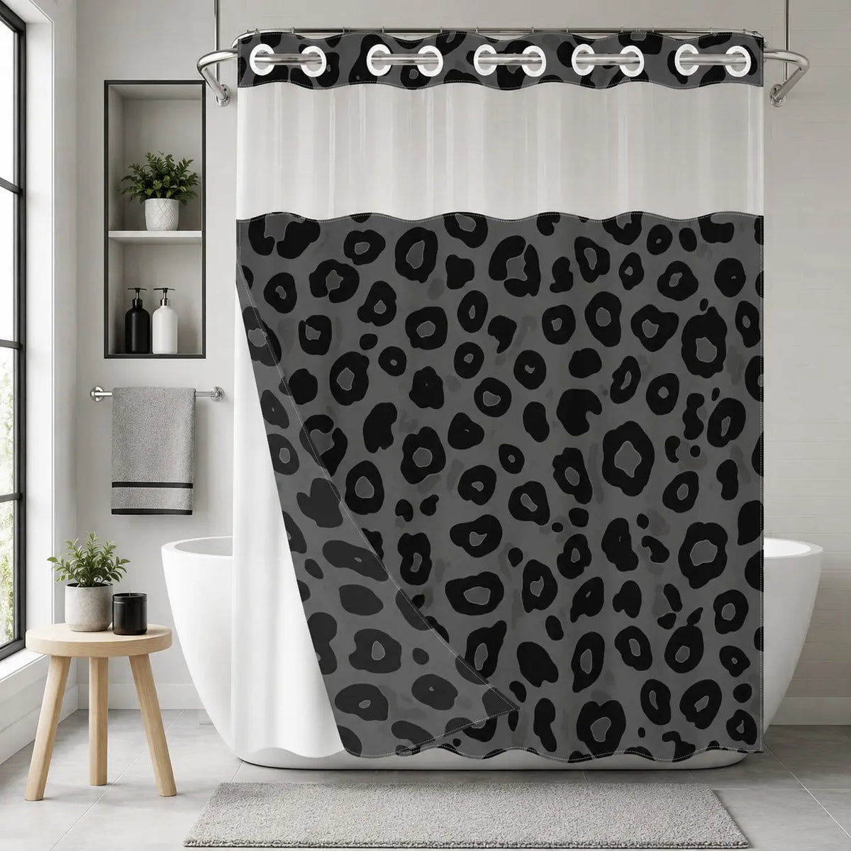 1Pc Hookless Double Layer Shower Curtain, No Hook Shower Curtain With Snap In Liner, Gray Black Leopard Allover Print, Water Repellent Washable Fabric, Removable Snap-in Liner, Top See-Through Window, For Apartment, Hotel, Guest Bath