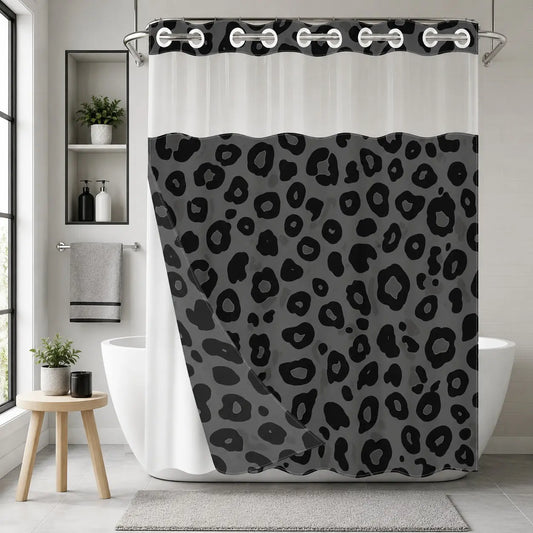1Pc Hookless Double Layer Shower Curtain, No Hook Shower Curtain With Snap In Liner, Gray Black Leopard Allover Print, Water Repellent Washable Fabric, Removable Snap-in Liner, Top See-Through Window, For Apartment, Hotel, Guest Bath
