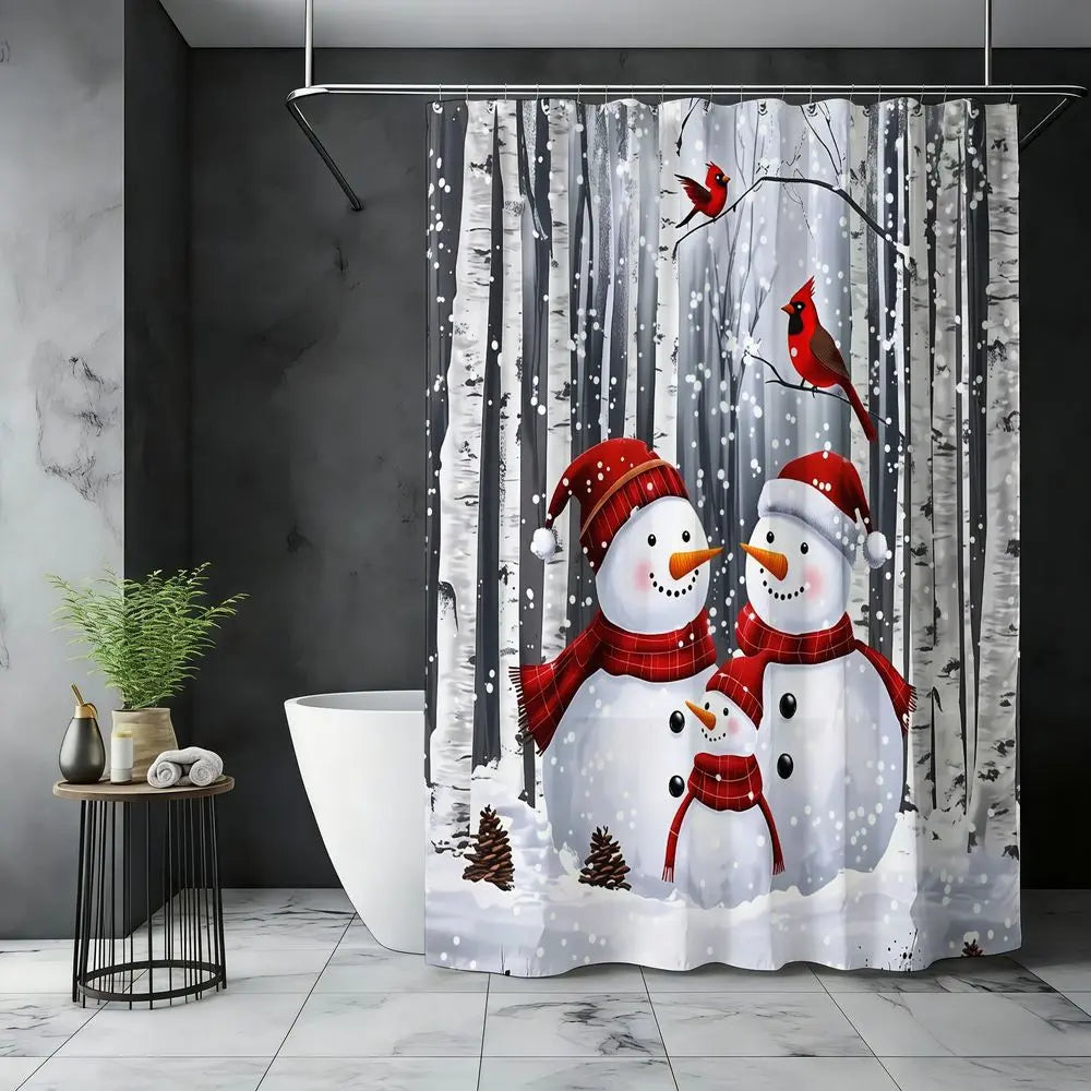 4pcs Winter Snowman Decorative Shower Curtain Set, Cozy Christmas Bathroom Decor, Red Cardinal Forest Scene, Holiday Snowfall Print, TikTok Shop Trending, Festive Bathroom Makeover