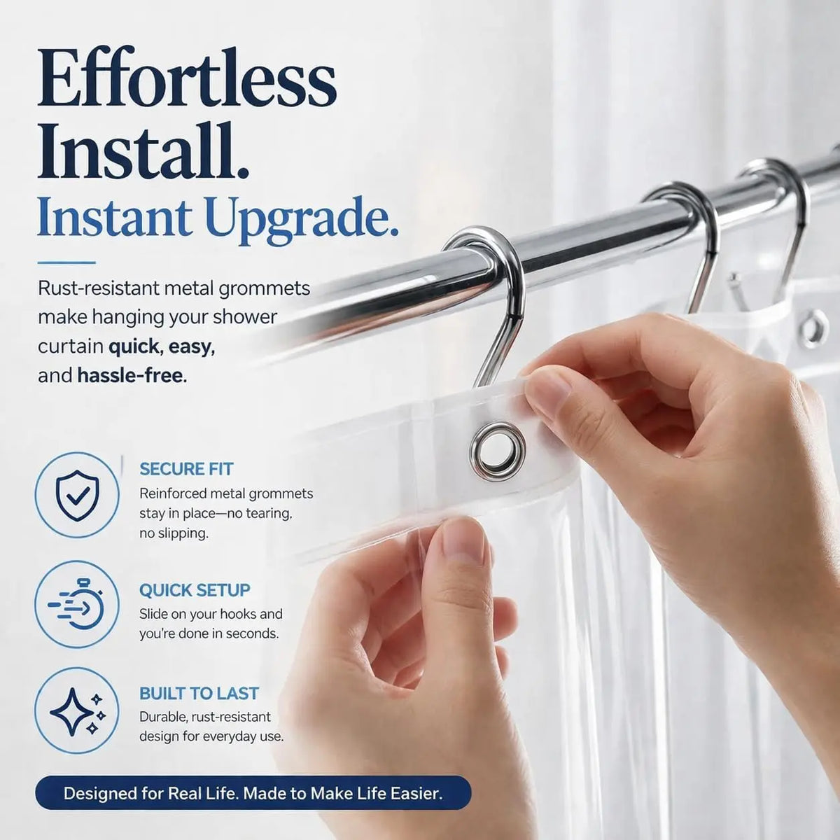 Sohochic PEVA Plastic Lightweight Waterproof Resistant Shower Curtain Liner, 72x72in No Chemical Smell, 12 Rust-Proof Metal Grommets for Straight Traditional Bathroom Installation, Easy-to-Hang Accessory for Bathrooms, Campers, Hotels, Hook