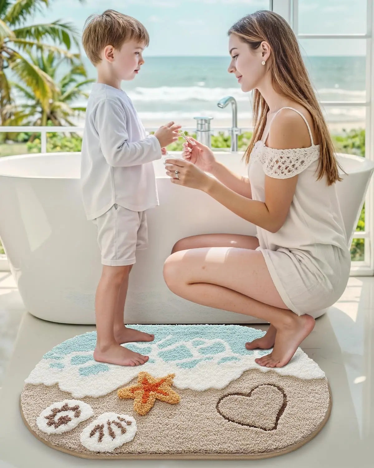 LUMI Soft Absorbent Beach Bathroom Rug Non Slip Backing Sea Beach Starfish Shell Design 22x34 Decorative Mats for Bathroom Kitchen Entryway