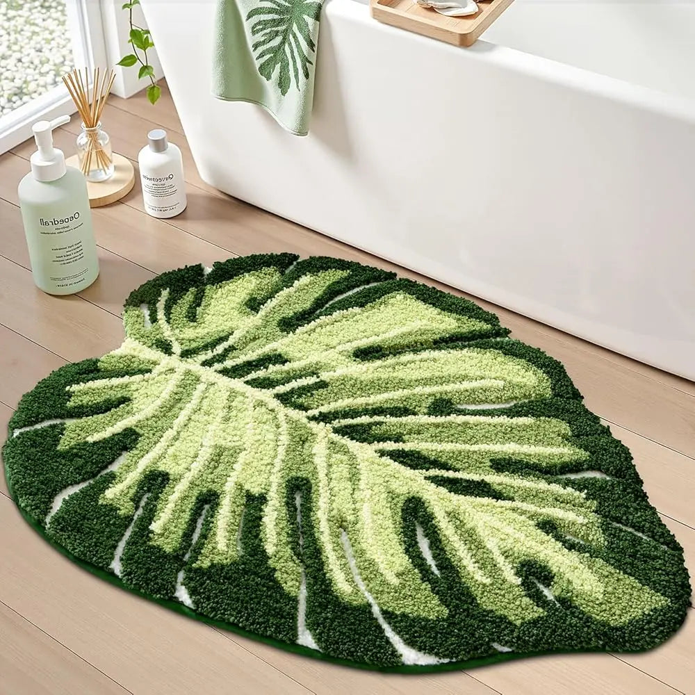 LUMI Green Leaf Canopy Bathroom Mat Non-slip Microfiber Rugs Absorbent Comfortable Tropical Palm Hawaiian Plants Decor Machine Washable Floral Design Fluffy Tufted Bathmat Home Goods