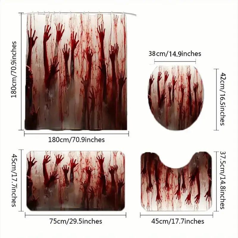 4pcs Halloween bloody hands, Gothic shower curtain, horror, spooky, struggle, shower curtain set, non-slip floor mat, U-shaped carpet, toilet cover, Bathroom accessory, 12 shower curtain hooks, Bathroom Decor And Accessories