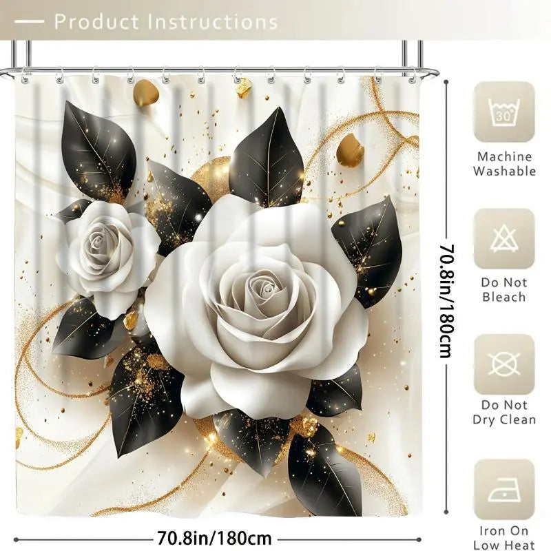 Gold Rose Animal Shower Curtain Set (1/4PCS) - 70.87x70.87in Polyester Hanging Garden Glam Bathroom Decor, Anti-Slip Waterproof White Gold Flowers Animals Set with Mat, U-Mat, Toilet Cover, 12 Hooks, Adjustable Foldable Art, Home Accessories, Sohochic
