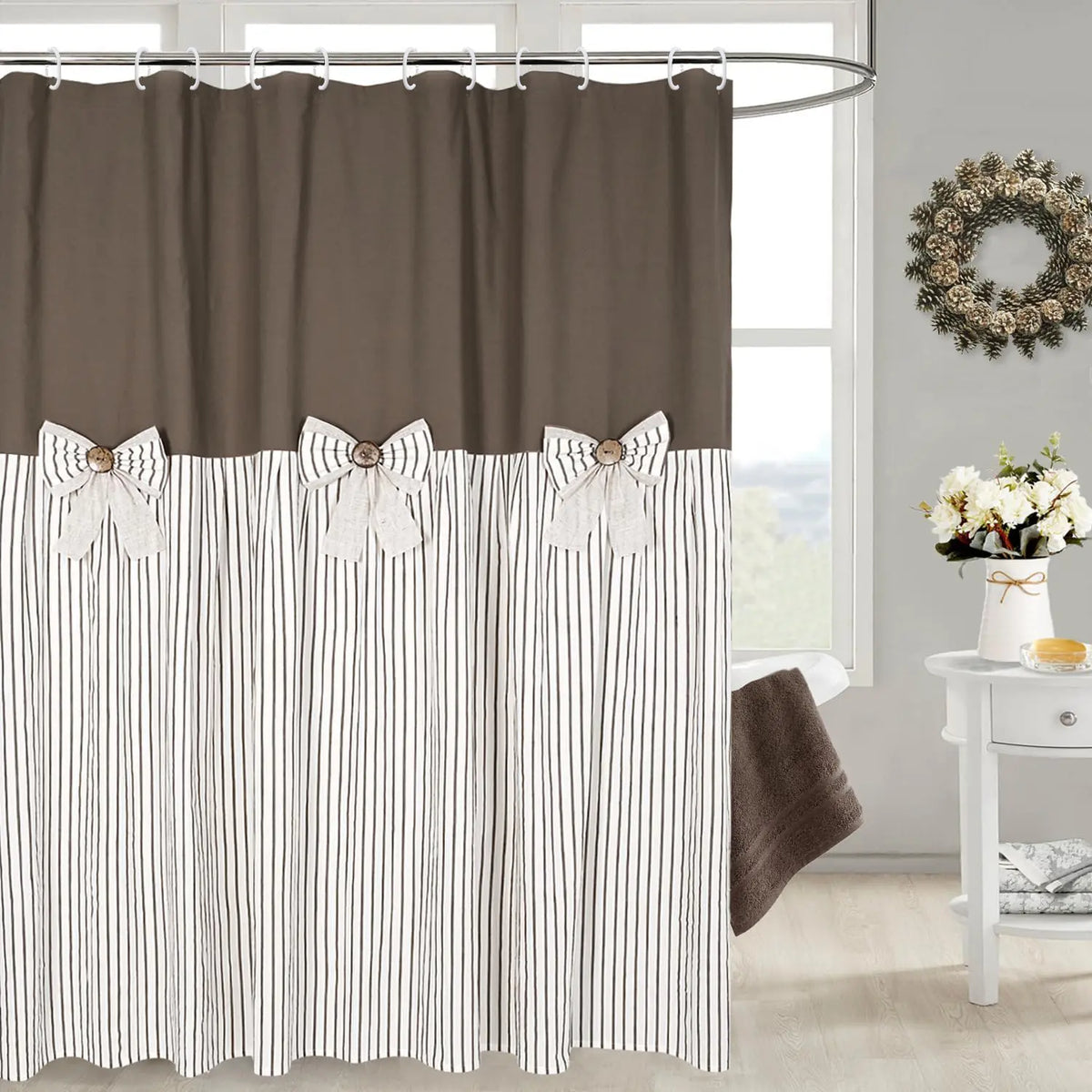 Rustic Farmhouse Shower Curtain - Striped Bottom, Bow Detail, Pattern Design for Cozy Bathroom Decor, Farmhouse Shower Curtains,sohochic