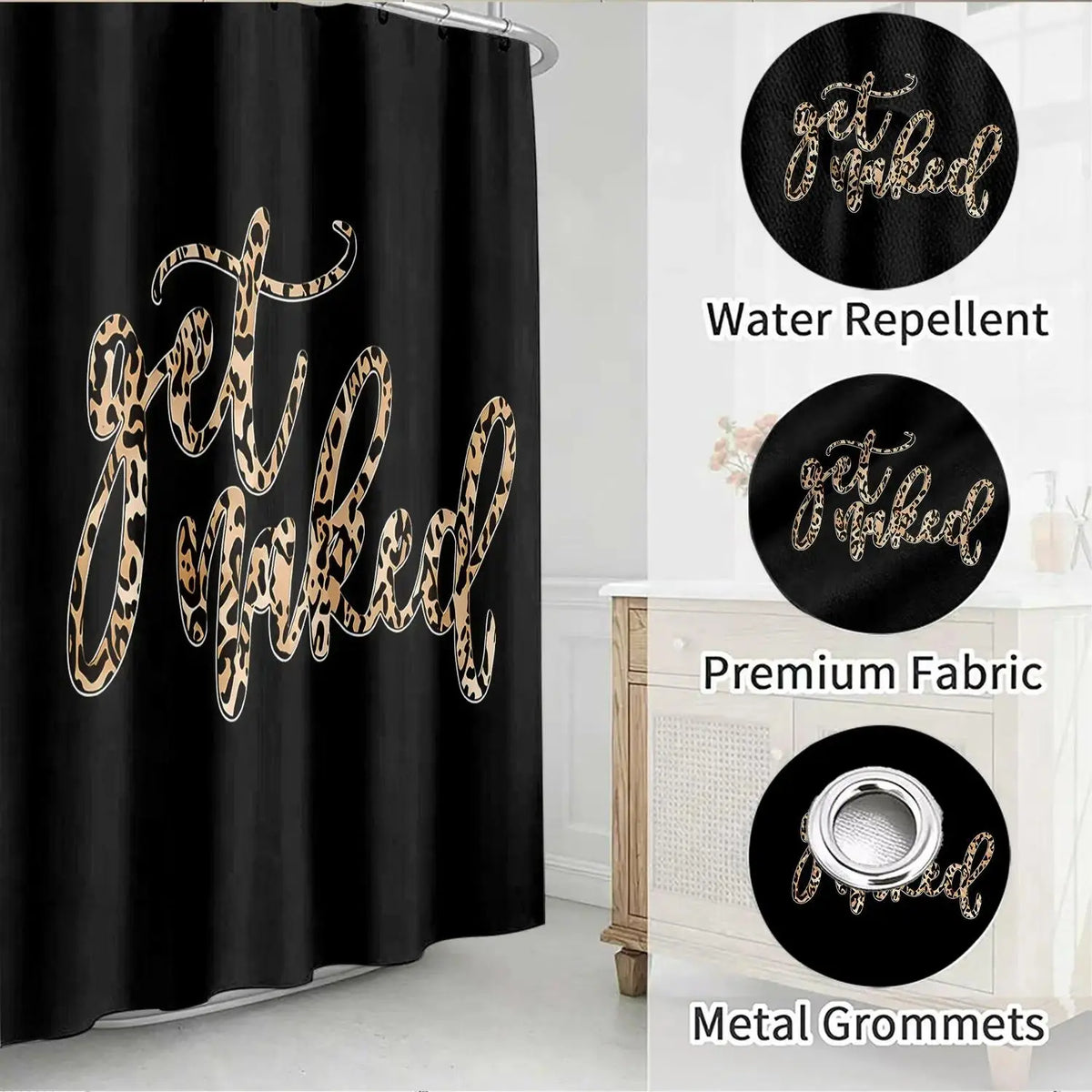 1/4pcs Fashion Glam Leopard Print Animals Polyester Bathroom Curtain Combo Set - Black Background "Get Naked" Sassy Quote, Thick-Soft Floor Mat, Shower Curtain Cloth, Softness for Festive Bathroom Decor