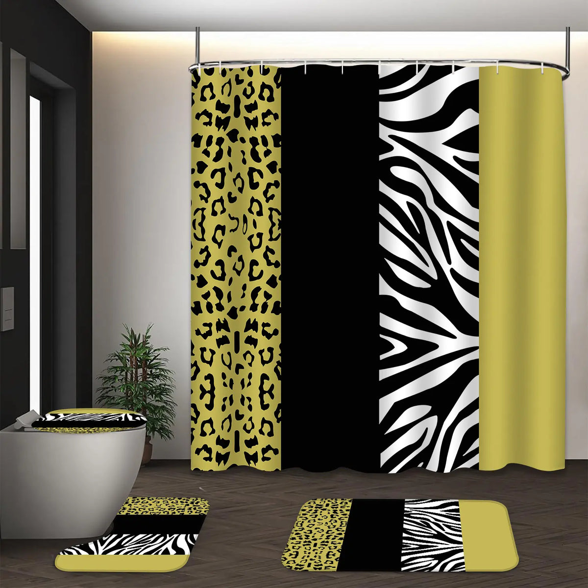 LVRLVR 4Pcs Leopard Zebra Print Bold Animal Print Multi-Color Bathroom Shower Curtain Set 70.8×70.8 Inch