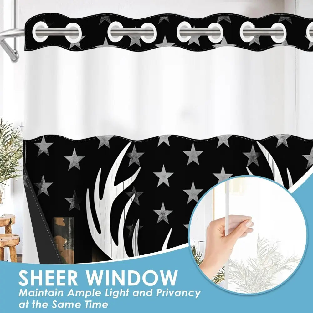 1pc hookless Modern with buckle lining, black and white deer head camouflage design, 2D printing, fabric waterproof lining, double-layer, 71 x 74 inches, Decorative shower curtain, Bathroom Decor, Printed Shower Curtain