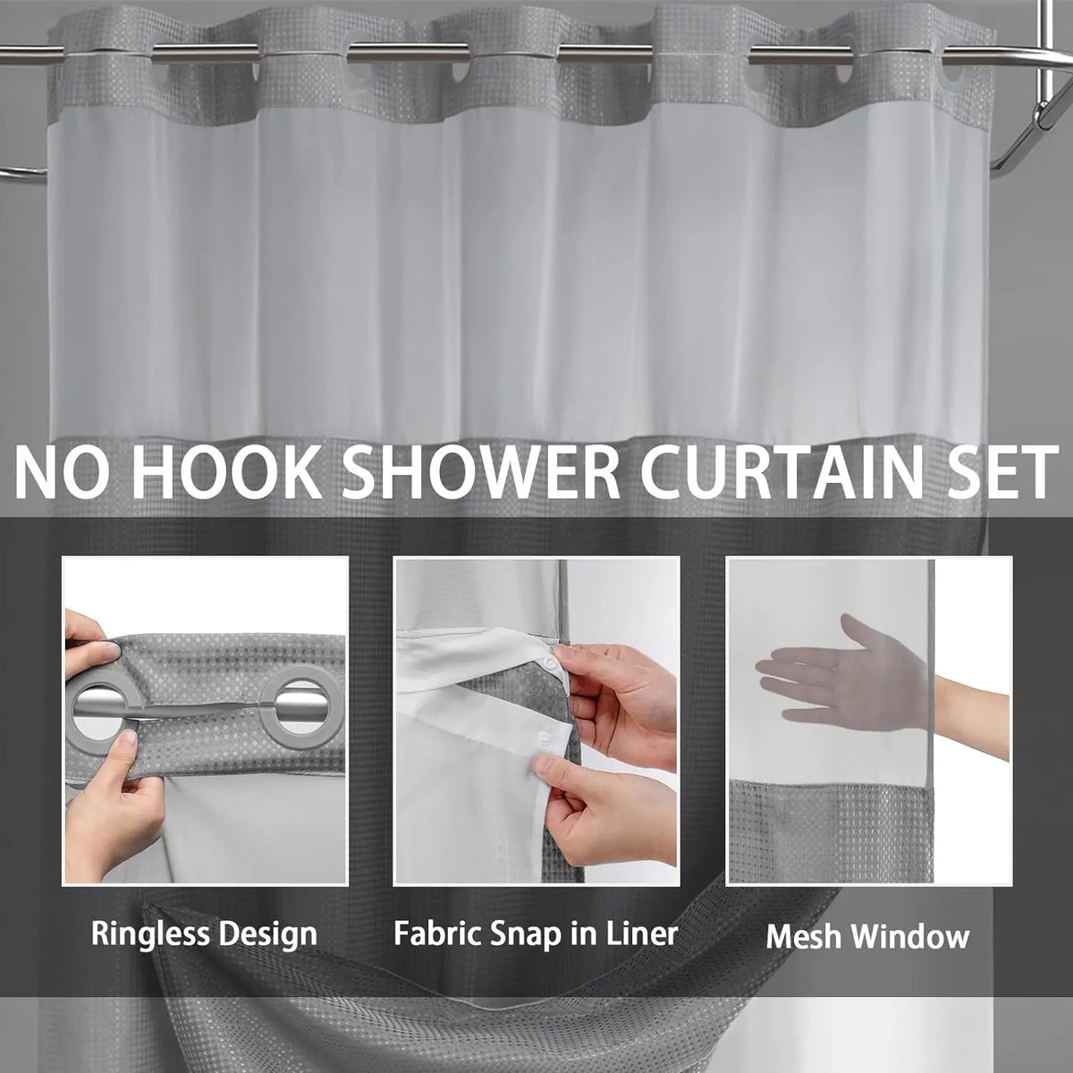 No Hook Washable Waffle Weave Shower Curtain with Snap in Liner -Waterproof Double Layer Shower Curtain With WashableInner Liner,  72 x75 Inch Showercurtain