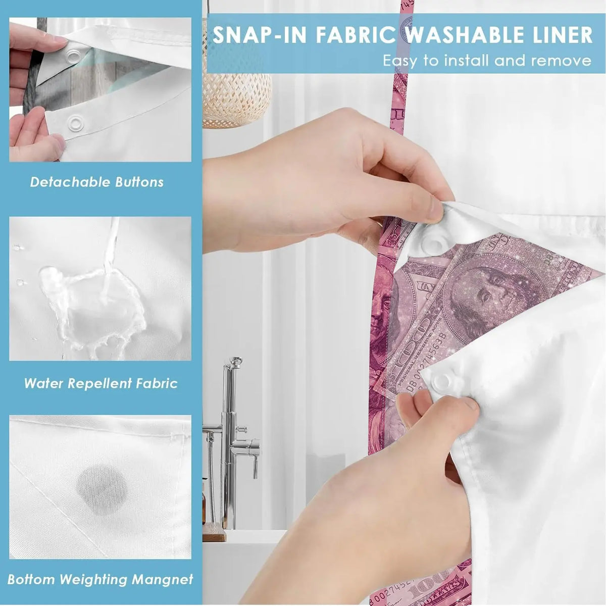 1PC 2D Flat No Hooks Double Layer Shower Curtain, Printed Shower Curtain, Pink Glitter Dollar Full Print Waterproof Fabric, Home Decor, Accessories for Hotel, Home Bathroom, Clear Top Window & Detachable Snap-In Liner, Room Divider, 71×74 Inch