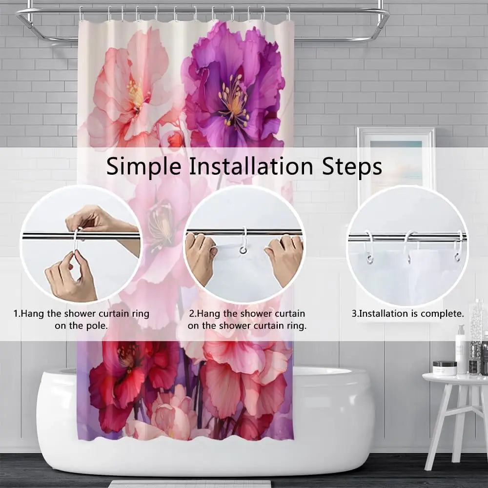 Pink Shower Curtain for Bathroom Rose Pink Floral Shower Curtain Set with Hooks Abstract Purple Pink Flowers Bathtub Decor Waterproof Fabric Curtains 72x72inches