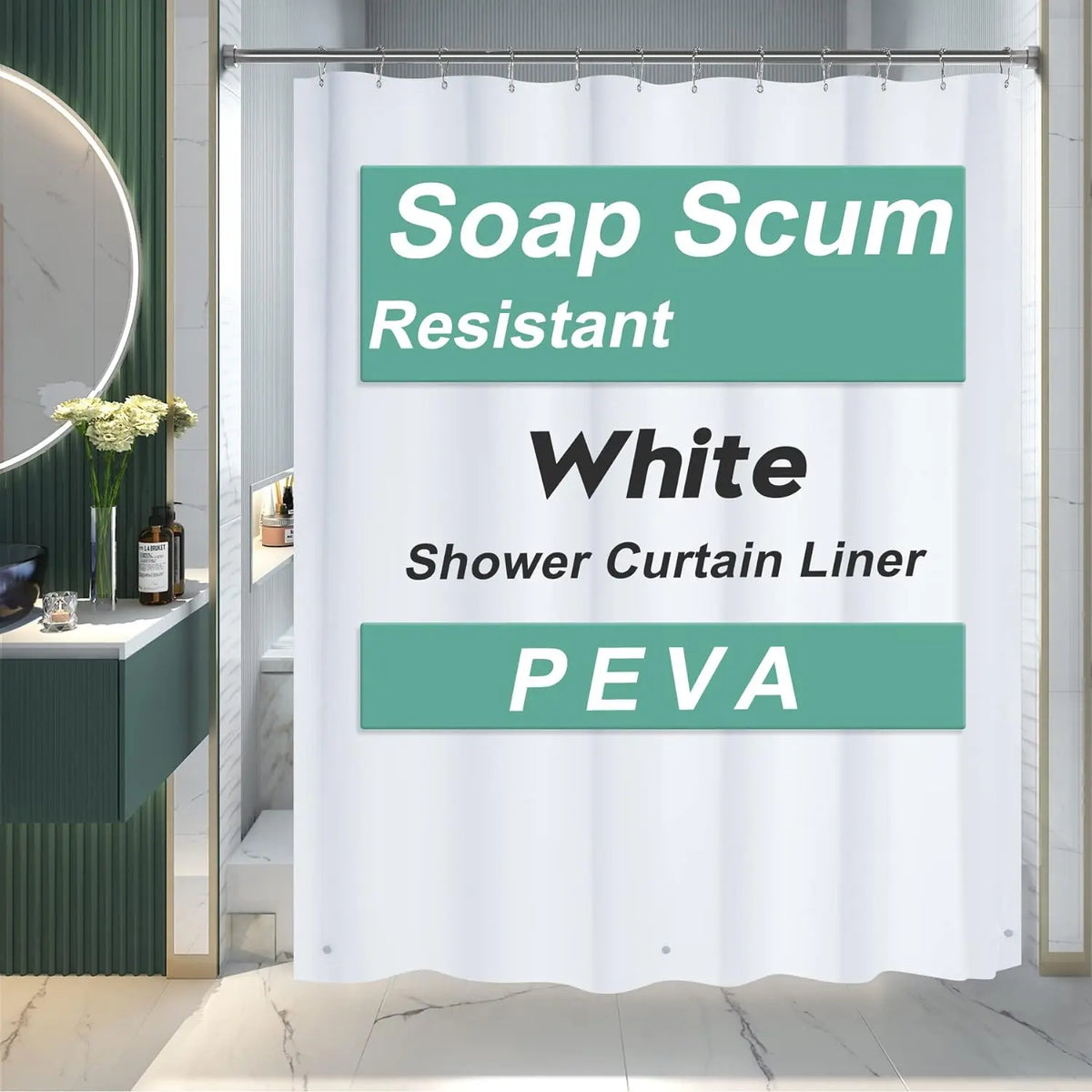 AmazerBath 3G PEVA Shower Curtain Liner - Lightweight Waterproof Plastic Bathtub Liner with Weighted Magnets, Decorative Metal Installation-Friendly Bathroom Accessory for Campers & Hotels, Fits Straight Rod, Enhances Waterproofing to Keep Floor Dry