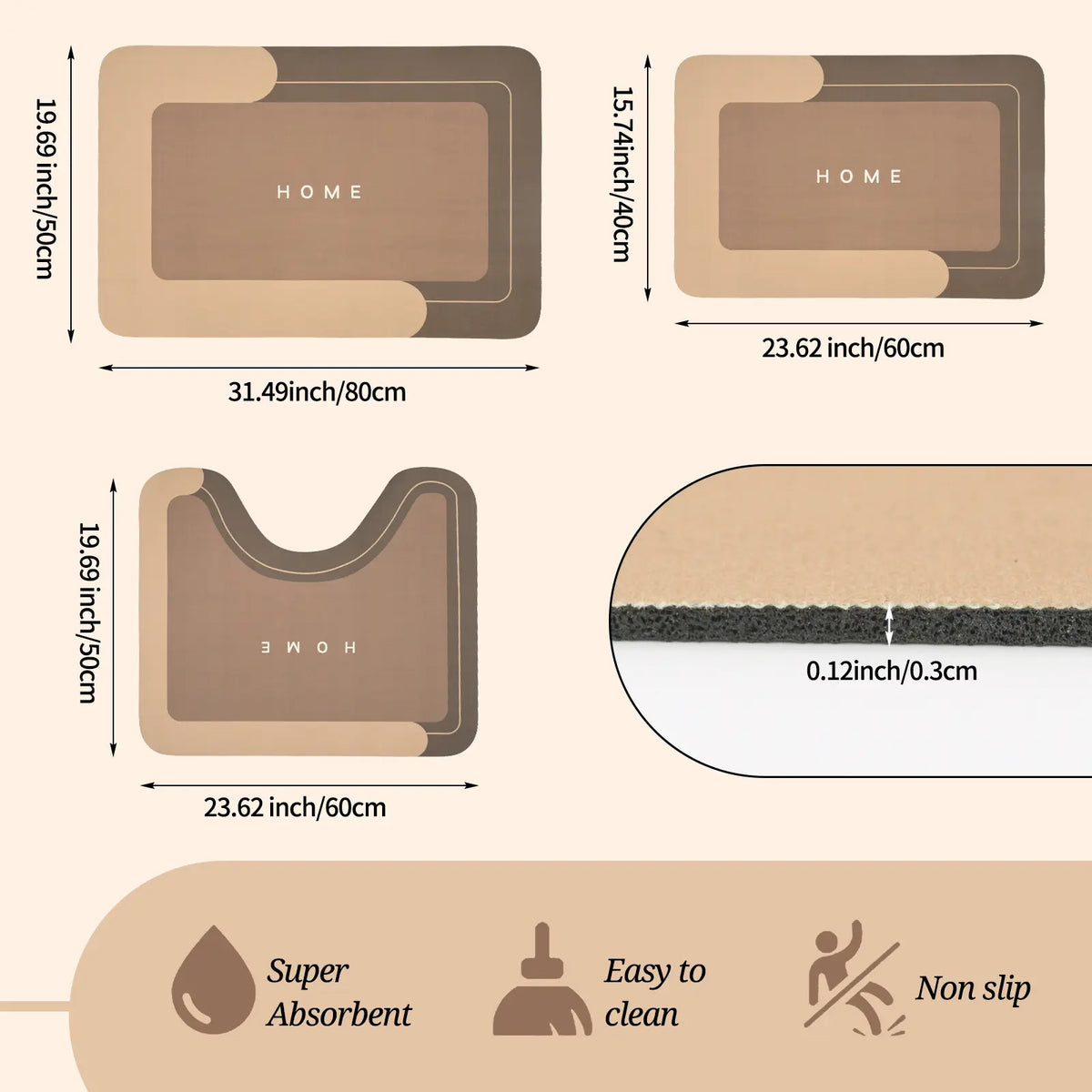 Bathroom Rugs Set Memory Foam Bath Rugs Non-Slip Bath Mat Set 3 Piece,Washable Bathroom Mats,Super Soft U-Shaped Toilet Rug,Bahroom Carpets for Bathroom,Tub,Shower