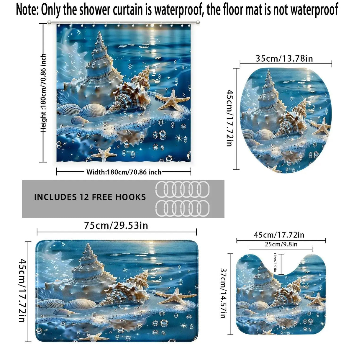1pc/4-Piece Polyester Shower Curtain Set with Stick Hooks, Bathroom Rug, Mat, Modern Home Decor, Shower Curtain Art - Geometric, Floral, Modern Ocean Theme, Conch, Shell, Starfish Patterns, 12 Hooks, Sohochic