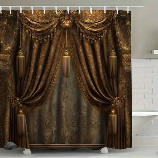1/4 pc Retro Curtain Pattern Design, 2D Flat Print, Decorative Shower Curtain, Vintage Shower Curtain Set, Non-slip Mat, U-shaped Rug, Toilet Seat Cover, Perfect for Bathroom Decor, Includes 12 Shower Curtain Hooks, Bathroom Decoration Accessories