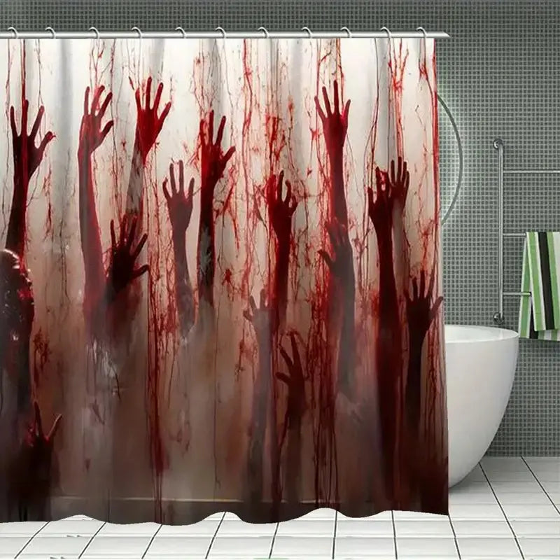 4pcs Halloween bloody hands, Gothic shower curtain, horror, spooky, struggle, shower curtain set, non-slip floor mat, U-shaped carpet, toilet cover, Bathroom accessory, 12 shower curtain hooks, Bathroom Decor And Accessories
