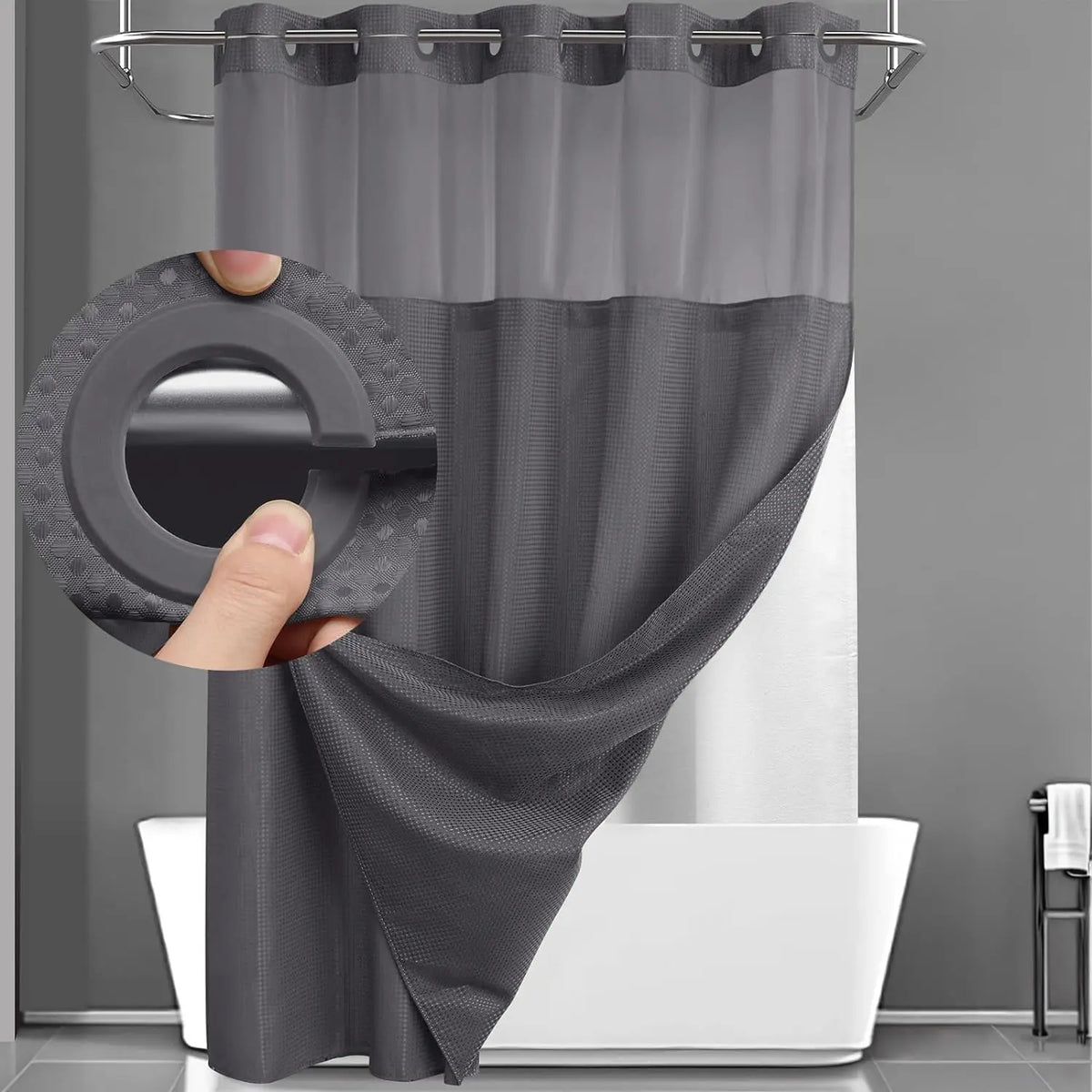 No Hook Washable Waffle Weave Shower Curtain with Snap in Liner -Waterproof Double Layer Shower Curtain With WashableInner Liner,  72 x75 Inch Showercurtain