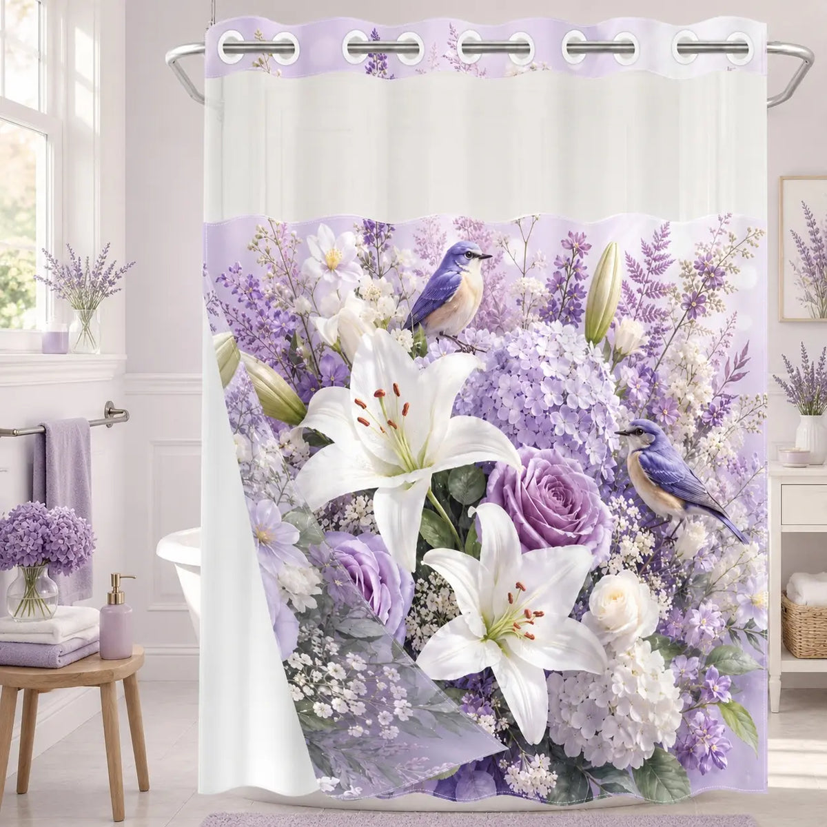 Blue Lily Rose Bird No Hook Shower Curtain Floral with Snap-In Liner, Double Layer Waterproof, Sheer Mesh Top, Removable White Liner, Machine Washable, Farmhouse Garden Decor, Hotel, Dorm & Home Bathroom Accessory, 72 x 74 Inches