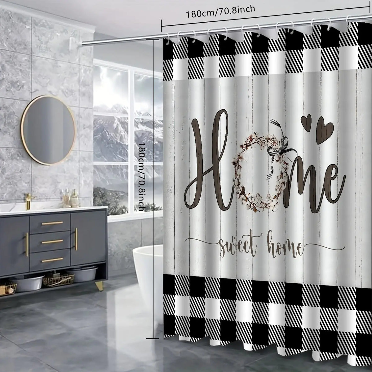 Plaid & Letter Pattern 4pcs Non-slip Bathroom Decoration Set, Including Bath Curtain, Toilet Lid Mat & Bath Mat, Bathroom Supplies, Home Goods, Bathroom Decoration Accessories, Bathroom Decor And Accessories