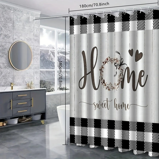Plaid & Letter Pattern 4pcs Non-slip Bathroom Decoration Set, Including Bath Curtain, Toilet Lid Mat & Bath Mat, Bathroom Supplies, Home Goods, Bathroom Decoration Accessories, Bathroom Decor And Accessories