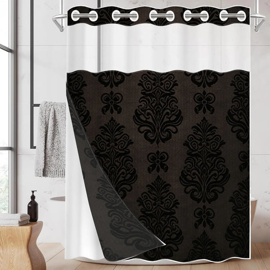 1pc hookless shower curtain with buckle lining, Aesthetic shower curtain, Bathroom Decorative Shower Curtain, dark brown vintage floral pattern, 2D flat printing, fabric waterproof lining, see-through double-layer, 71 x 74 inches, Shower Curtain No Hooks