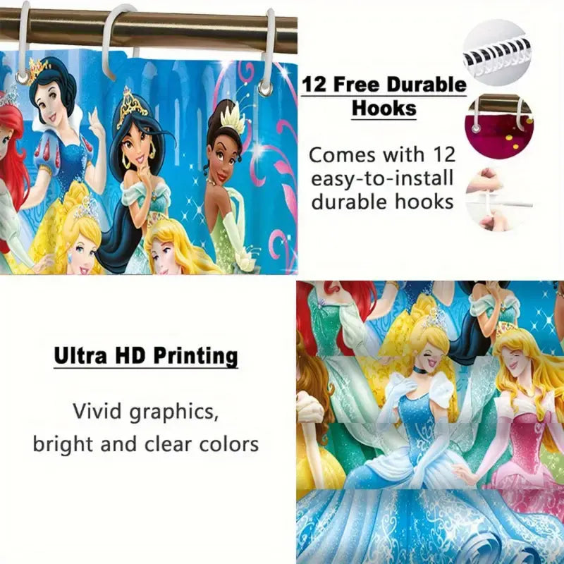 Disney Classic Princess Collection Colorful Character Shower Curtain - Sparkling Castle Backdrop Design with Beloved Princesses, Colorful Character Shower Curtains